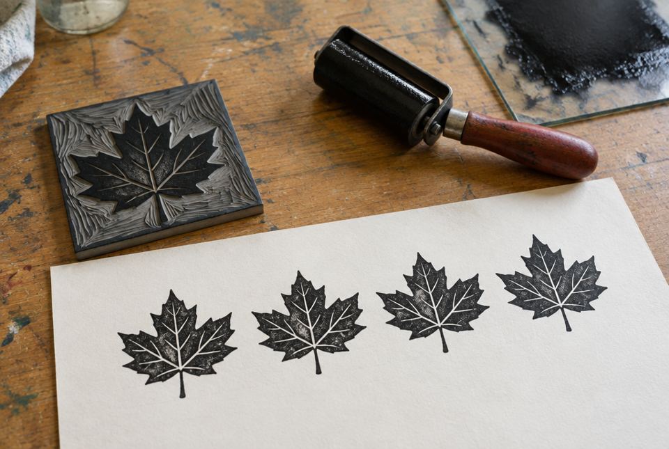 A carved linoleum block with a maple leaf, an inked roller and paper with the leaf printed several times.