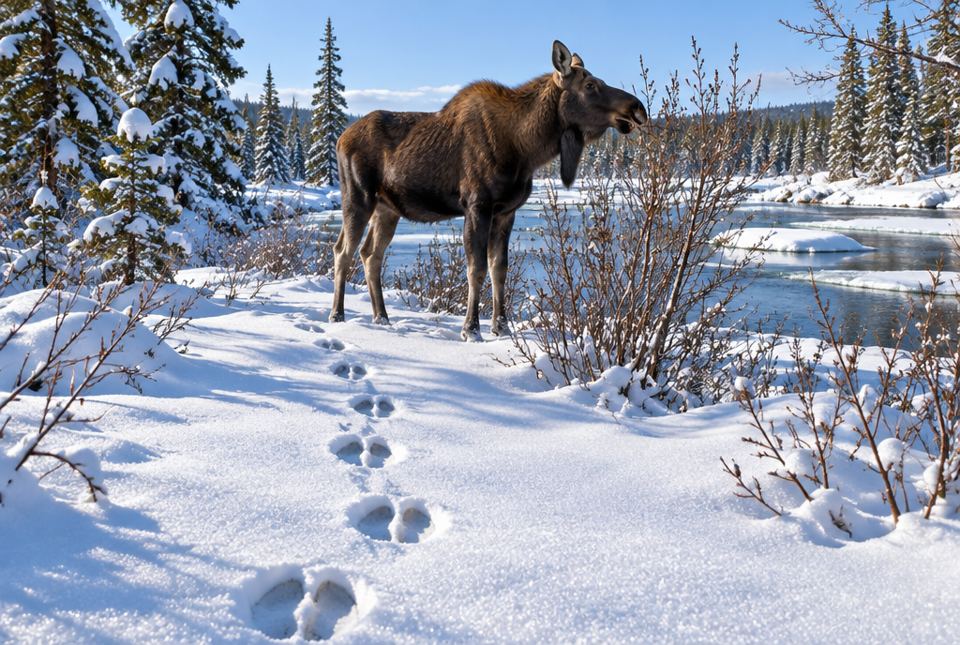 A line of moose tracks in fresh snow leads to a brown moose standing near a partly frozen river in a sunny winter forest.