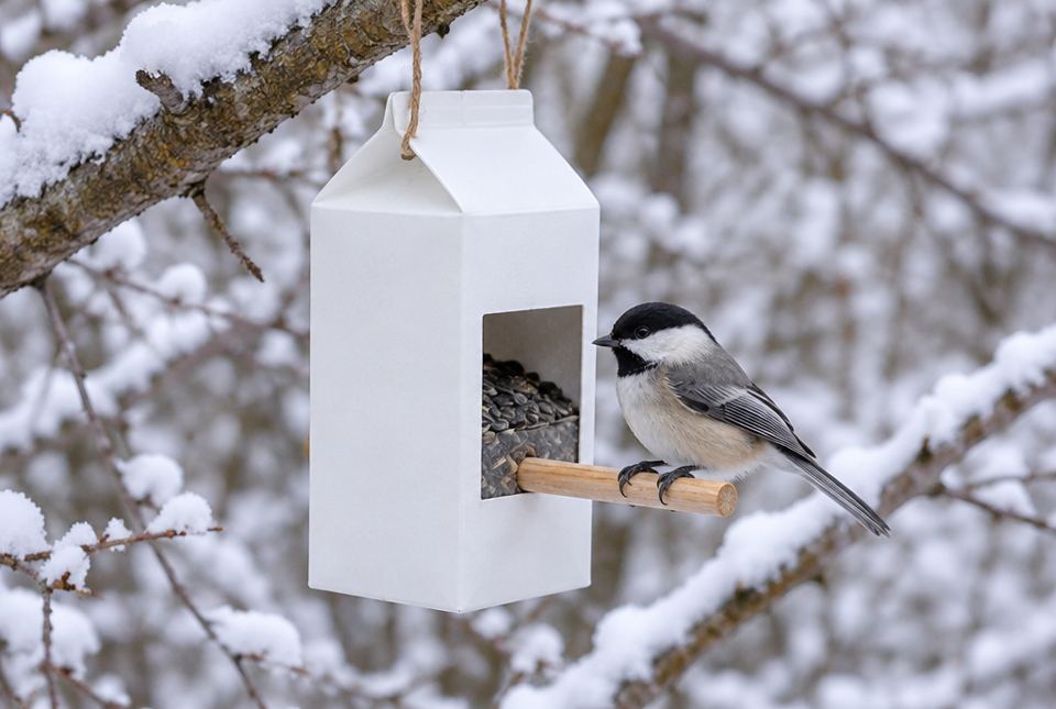 A black-capped chickadee perches on a homemade milk-carton bird feeder filled with sunflower seeds, hanging from a snowy branch.