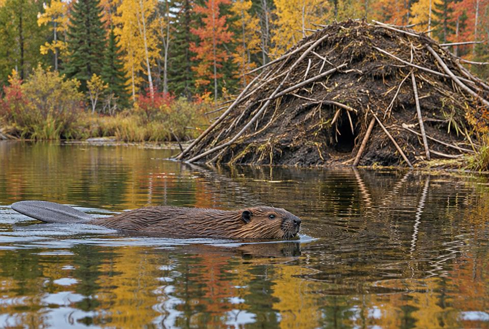 A beaver swims across a calm pond in front of its lodge of sticks and mud, with autumn trees behind.