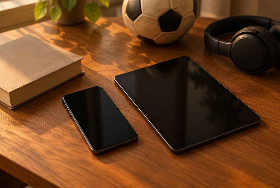 A smartphone and a tablet with dark screens lie on a wooden desk beside a book, a soccer ball and headphones.