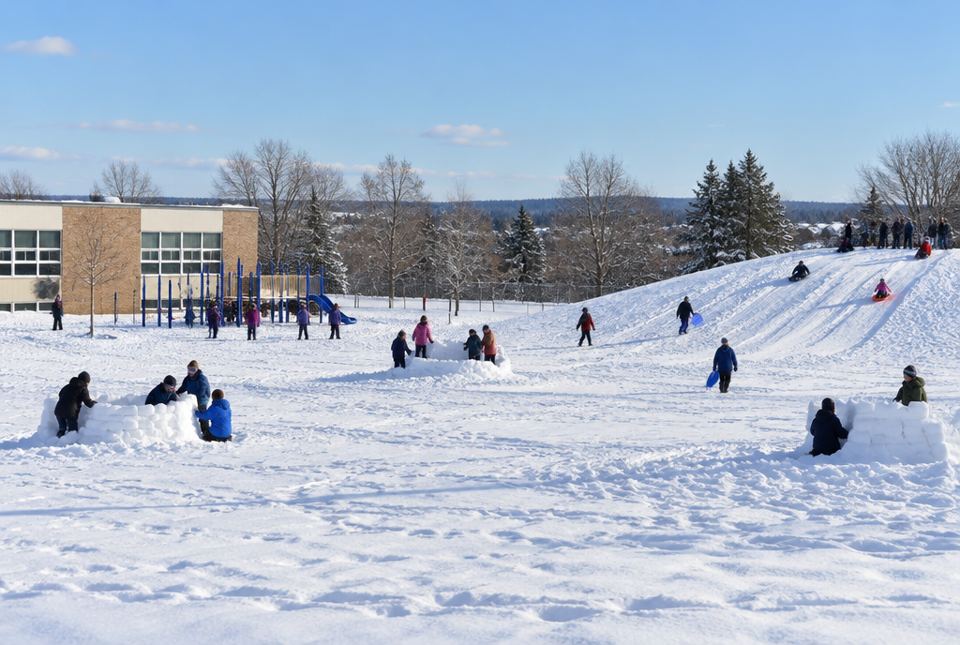 Students in winter coats build snow forts and slide down a snowy hill in a school playground, seen from a distance.