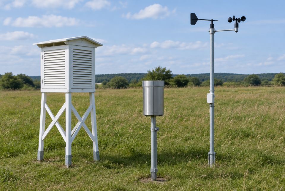 A white louvered instrument shelter on legs, a metal rain gauge and a pole with a wind vane and cup anemometer stand in a grassy field.
