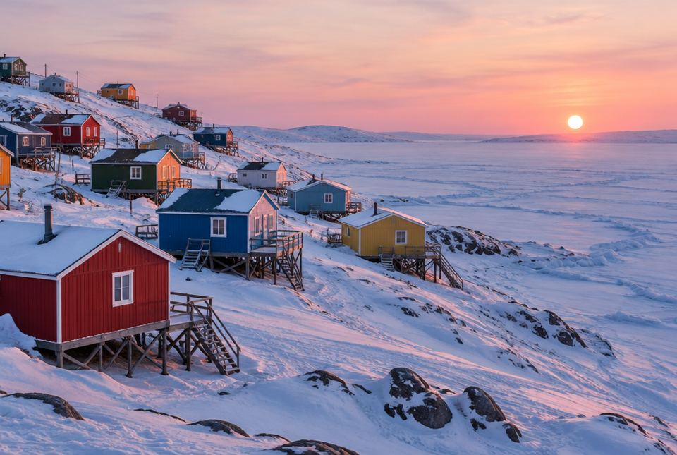 Colourful wooden houses on stilts sit on a snowy, treeless hillside above a frozen bay at sunset.