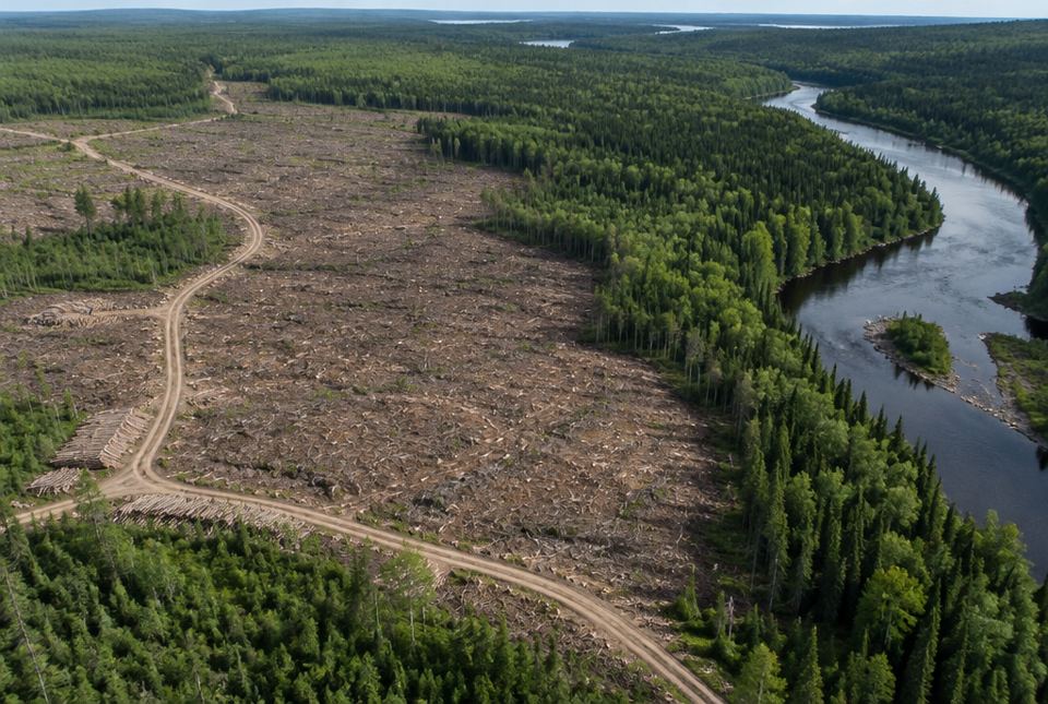 An aerial view of a large clear-cut area of stumps and logging roads beside standing forest and a winding river.