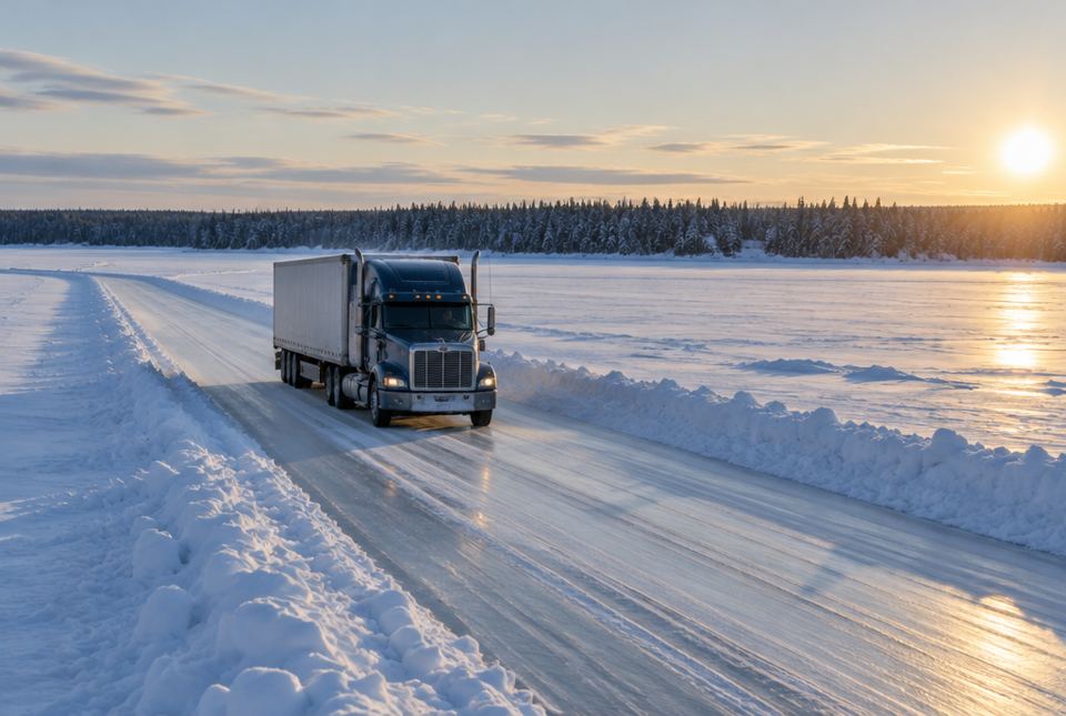 A transport truck drives on a snow-cleared road across a frozen lake toward a spruce forest.