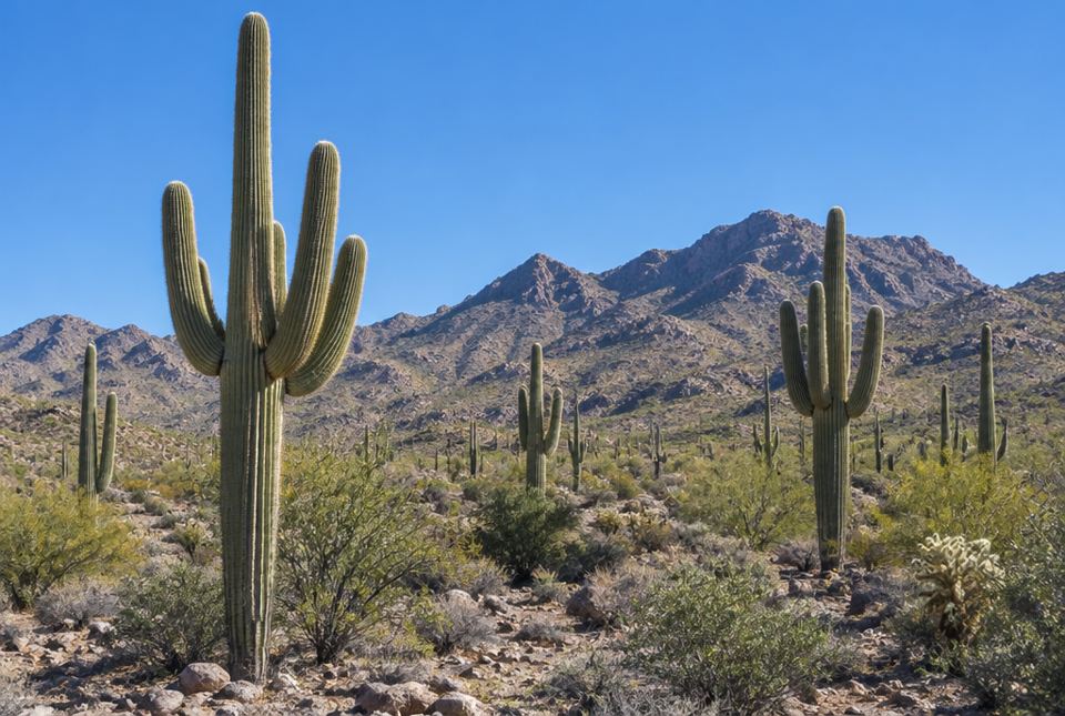 Tall saguaro cactuses with upturned arms stand among small shrubs on rocky ground below desert mountains.