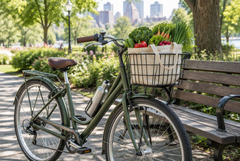 A bicycle parked beside a park bench has a metal water bottle and a cloth bag full of fresh vegetables in its basket.