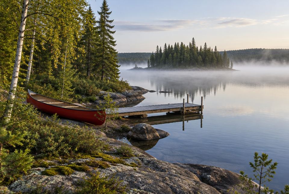 A red canoe rests beside a small wooden dock on a misty northern lake surrounded by spruce and birch forest.