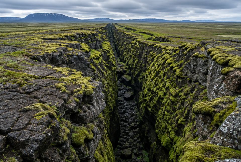 A long, deep crack runs through dark, moss-covered lava rock across flat land in Iceland.