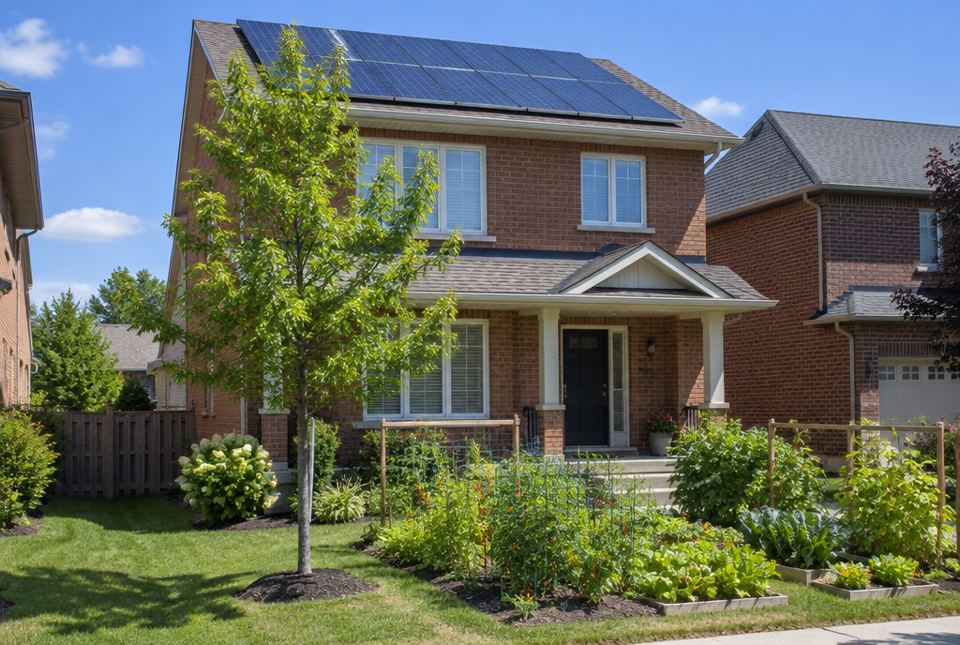 A brick house has solar panels on its roof and a young tree and vegetable garden in its front yard.