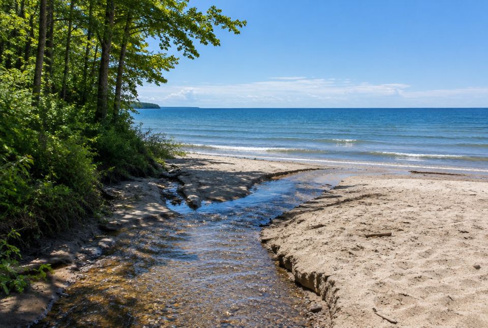 A small creek flows out of a forest and across a sandy beach into a wide blue Great Lake.