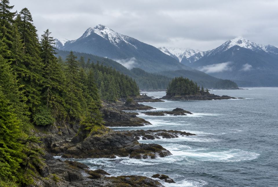 Green rainforest and dark rocks line an ocean shore, with snow only on the mountaintops behind.