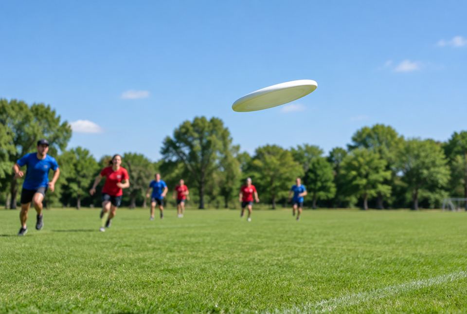 A white flying disc floats above a grass field while players in red and blue shirts run in the distance.