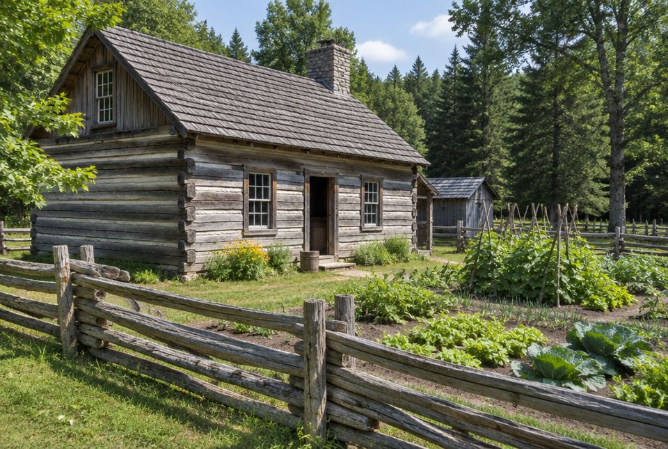 A reconstructed log house with a split-rail fence and a vegetable garden stands at the edge of a forest at a heritage village.