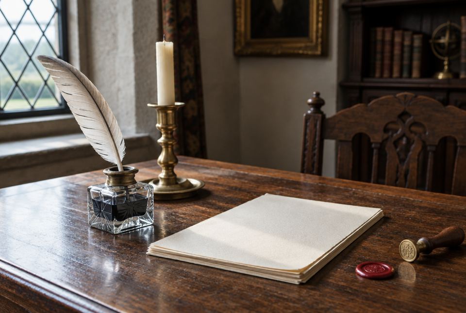 A feather quill pen in a glass inkwell, a brass candlestick, a stack of blank paper and a red wax seal sit on an old wooden desk.