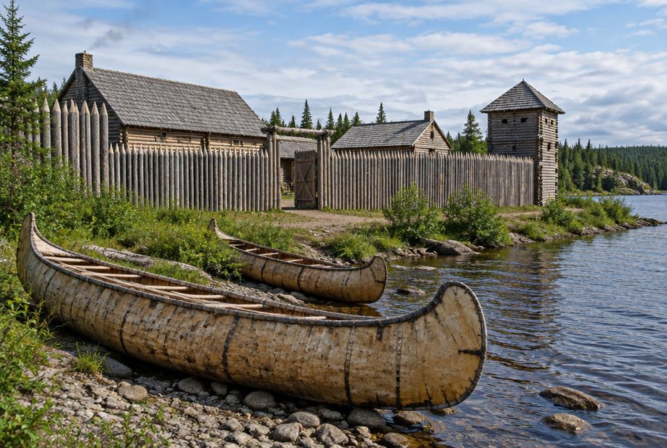 Two birchbark canoes rest on a rocky riverbank in front of a reconstructed fur trade post with a pointed log palisade and wooden buildings.