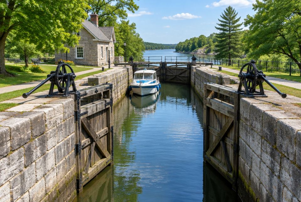 A small boat waits in a canal lock with stone walls, wooden gates and black hand-turned cranks, beside a stone lockkeeper's house.