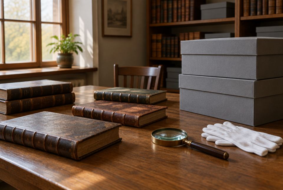An archive room with old leather-bound books, grey storage boxes, a magnifying glass and white cotton gloves on a wooden table.