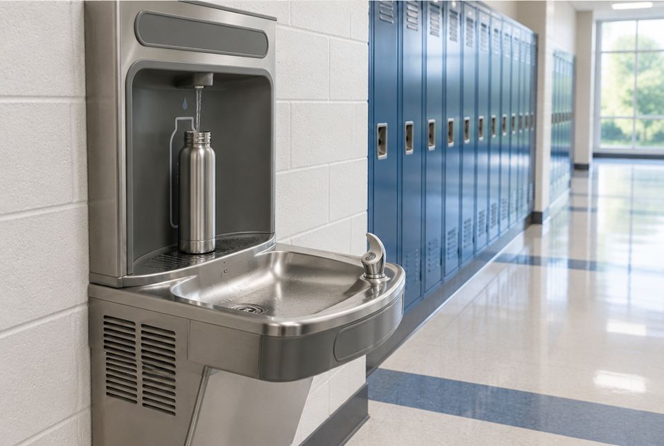 A stainless steel water-bottle refill station in a school hallway filling a metal bottle, with blue lockers behind it.