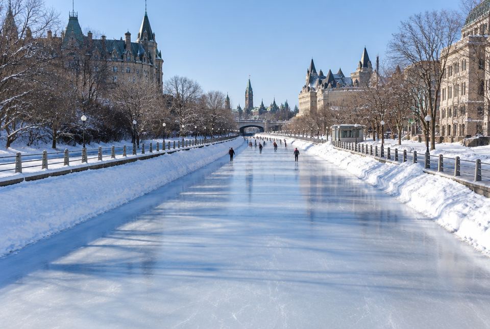 A long frozen canal used as a skating rink, with snowbanks along both sides and small skaters in the distance.
