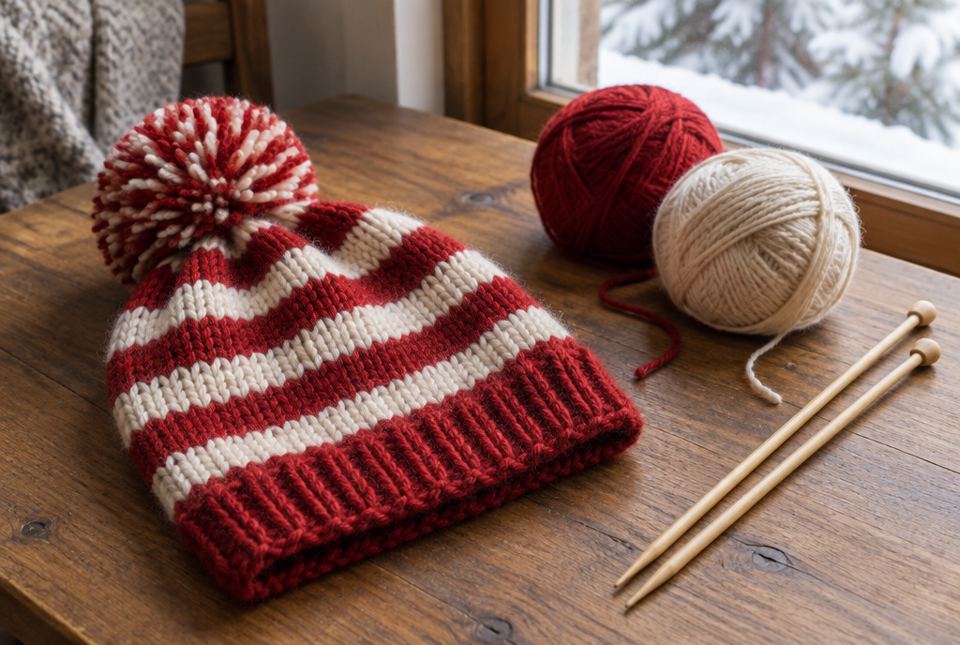 A red and cream striped hand-knitted toque with a pom-pom on a wooden table, beside two balls of yarn and knitting needles.