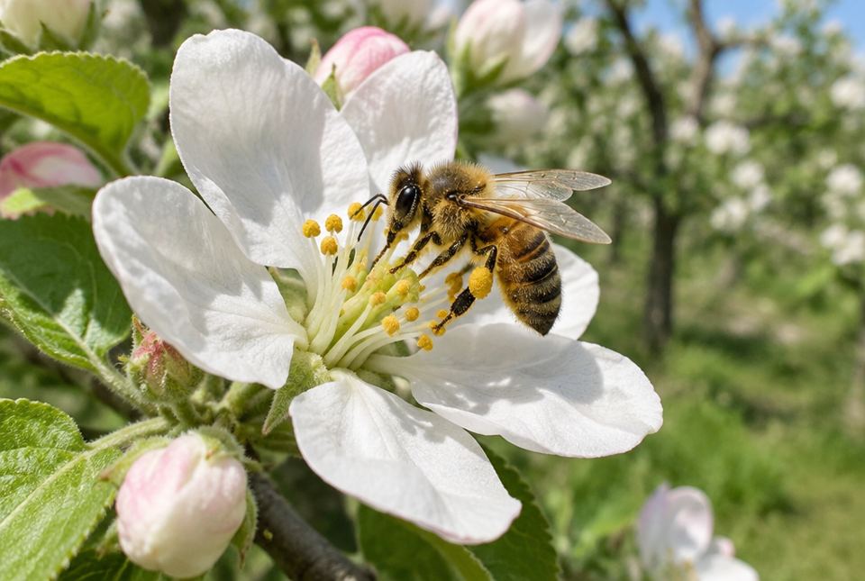 A honeybee collecting pollen on a white apple blossom in an orchard in spring.