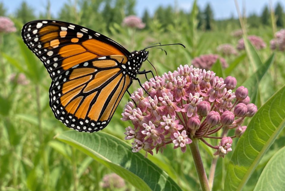 A monarch butterfly with orange wings, black veins and white-spotted black edges feeding on pink milkweed flowers.