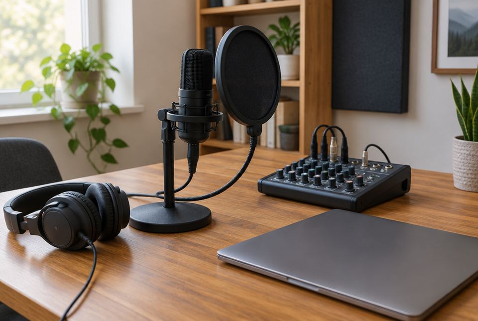 A home podcast setup on a desk: a microphone with a round pop filter, headphones, a small audio mixer and a closed laptop.