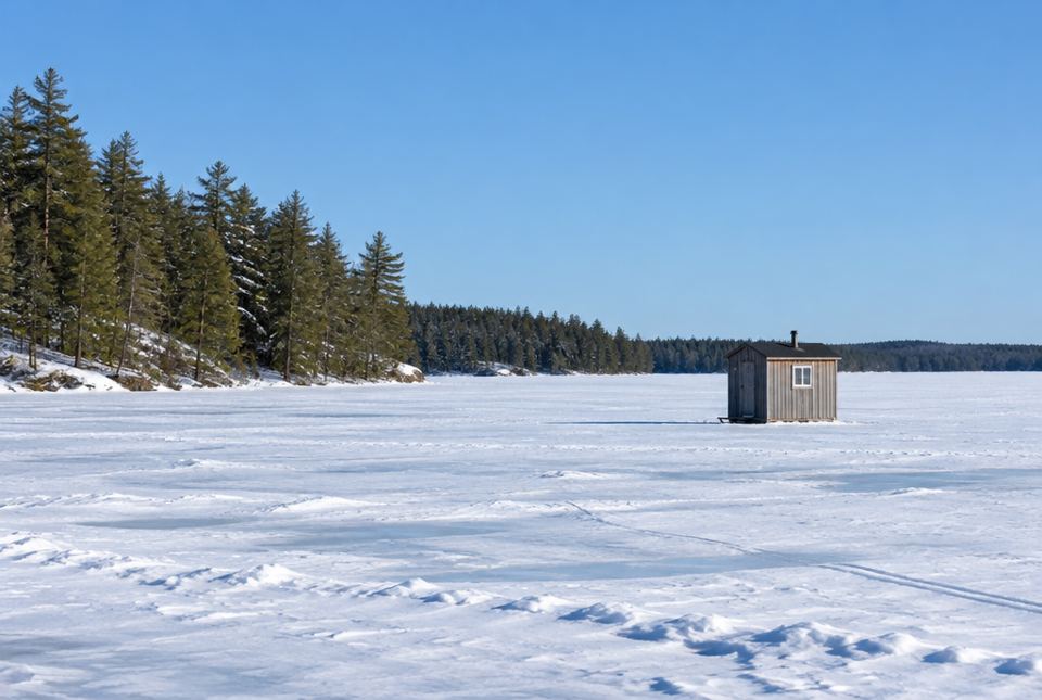 A small wooden ice-fishing hut standing alone on a snow-covered frozen lake with pine forest along the shore.