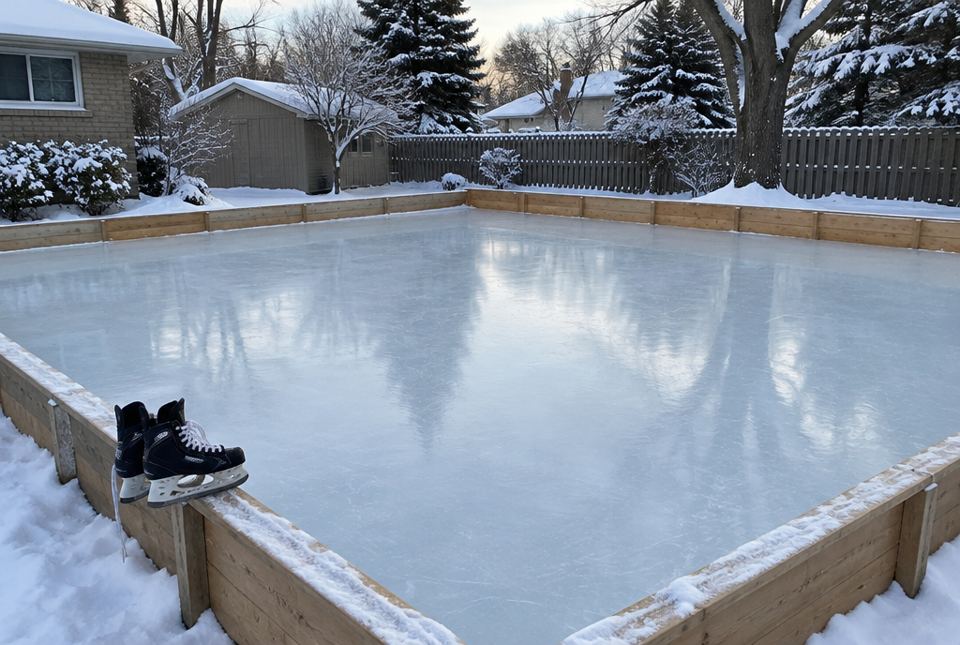 A square backyard ice rink with wooden boards on all four sides, in a snowy yard, with a pair of skates on the boards.