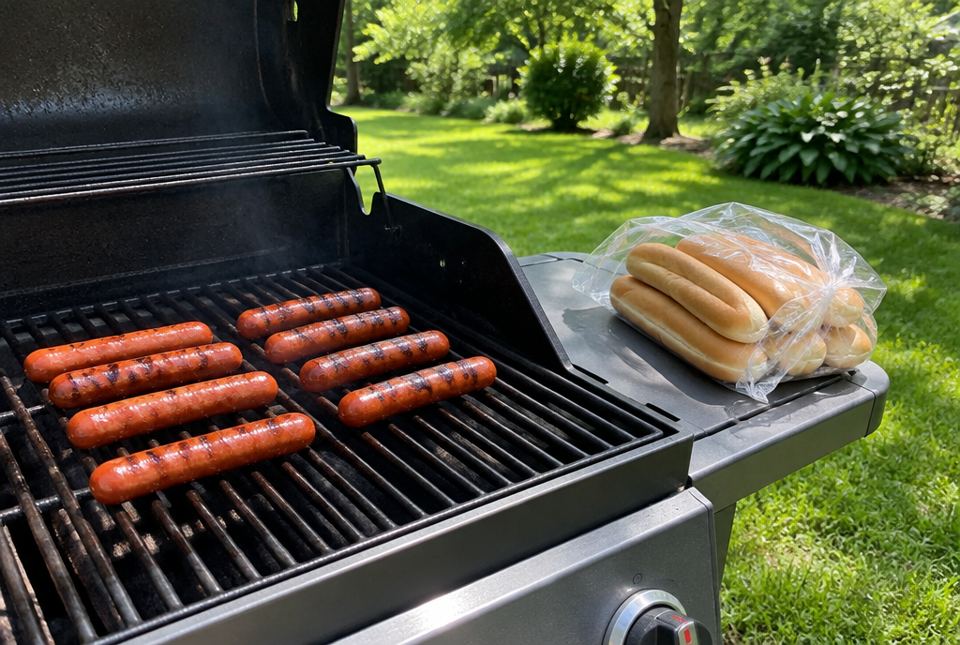 Hot dogs cooking on a backyard barbecue grill, with a bag of hot dog buns on the side shelf.