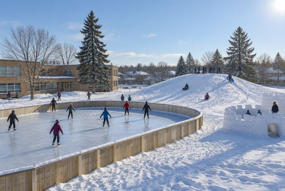 A snowy school yard with students skating on an outdoor rink, sledding down a hill and playing near a snow fort.