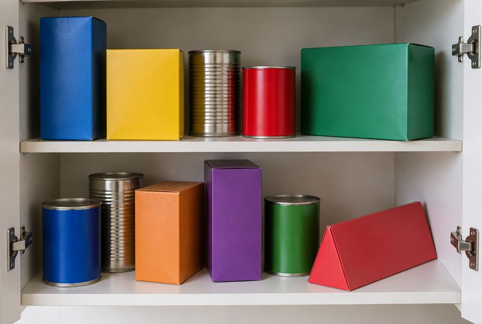 Coloured boxes, tin cans and a triangular box on two shelves of an open kitchen cupboard.