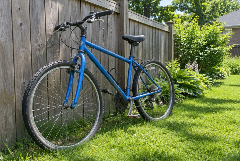 A blue bicycle leaning against a wooden fence in a sunny backyard.