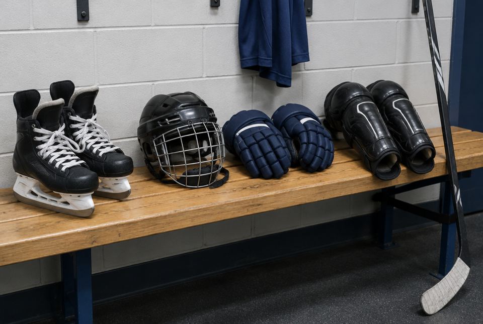 Youth hockey skates, a helmet, gloves, shin pads and a stick laid out on a bench in an arena change room.
