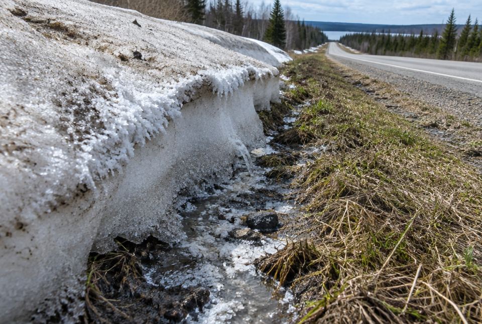 A melting roadside snowbank with a salty crust, its meltwater trickling into a grassy ditch.