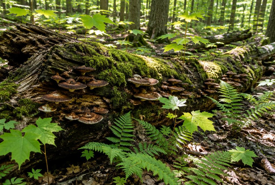 A moss-covered fallen log with shelf mushrooms growing on it, surrounded by ferns and maple seedlings.