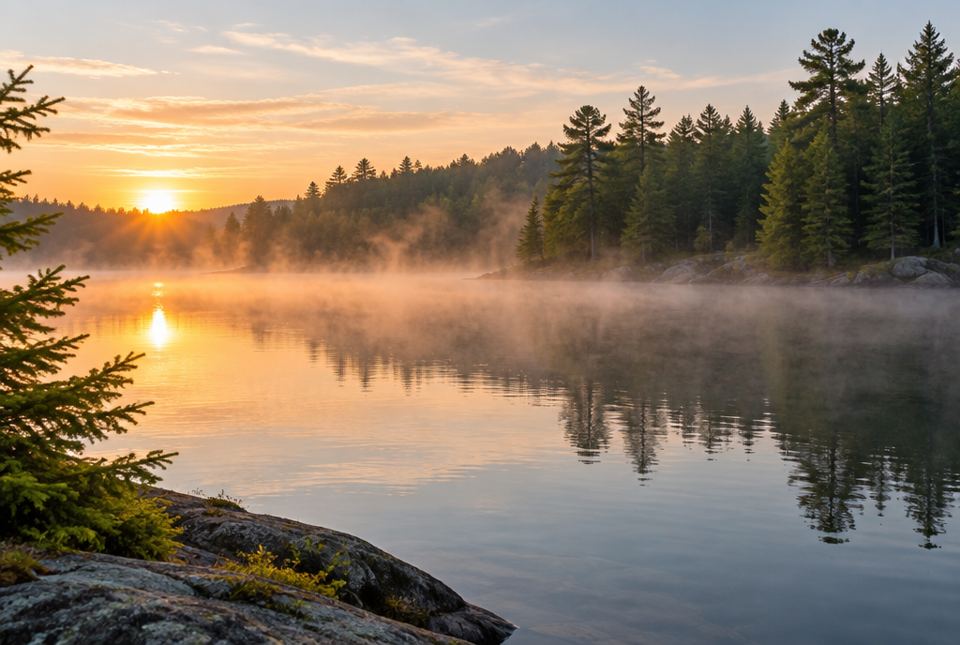 Mist rising off a calm lake at sunrise with evergreen trees on the shore.