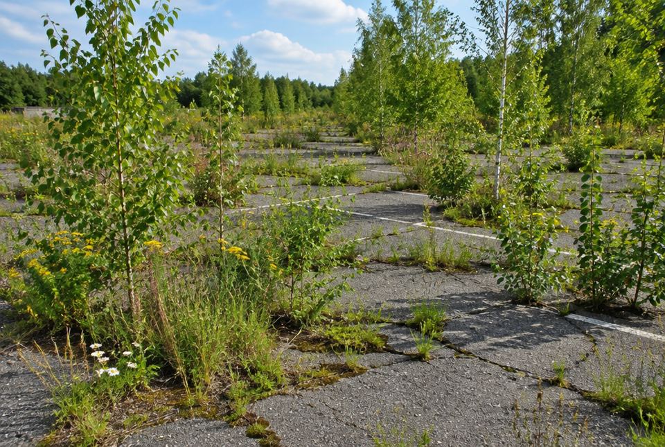 An old cracked parking lot overgrown with weeds, wildflowers and young birch and poplar trees.