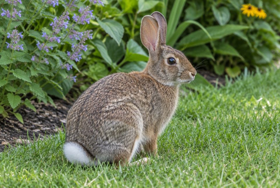 A brown eastern cottontail rabbit with a white tail sitting on a lawn beside a garden.