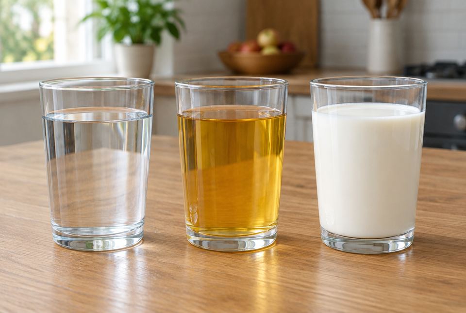 Three glasses on a table holding clear water, golden apple juice and white milk.