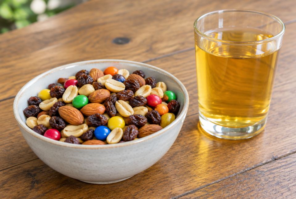 A bowl of trail mix with nuts, raisins and candies beside a glass of apple juice.