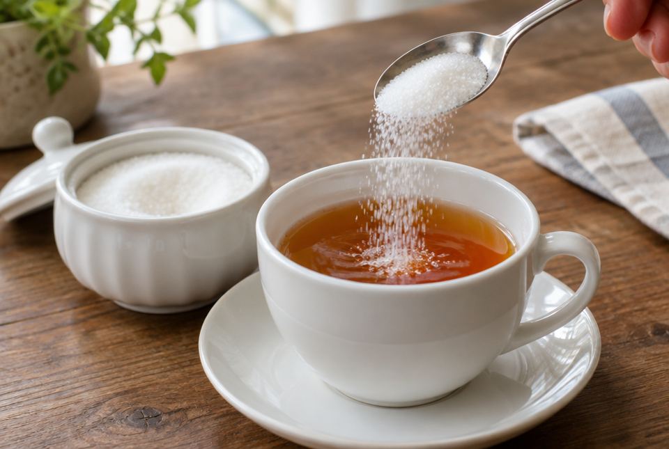 Sugar falling from a spoon into a cup of tea, with a sugar bowl beside it.