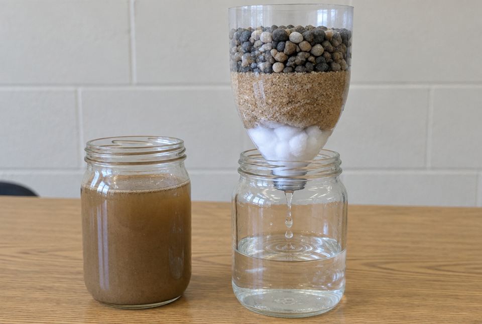 A homemade filter made from an upside-down plastic bottle with layers of gravel, sand and cotton, dripping clear water into a jar beside a jar of muddy water.