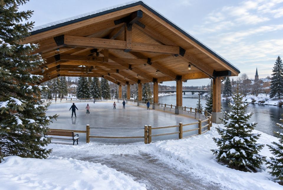 An outdoor skating rink under a large open-sided wooden roof in a snowy park beside a river, with a few skaters on the ice.