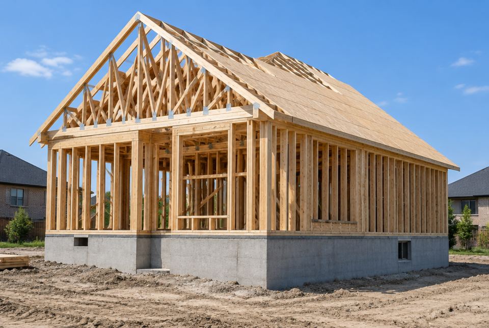 A wooden house under construction with a grey concrete foundation, wooden stud walls and triangular roof trusses.