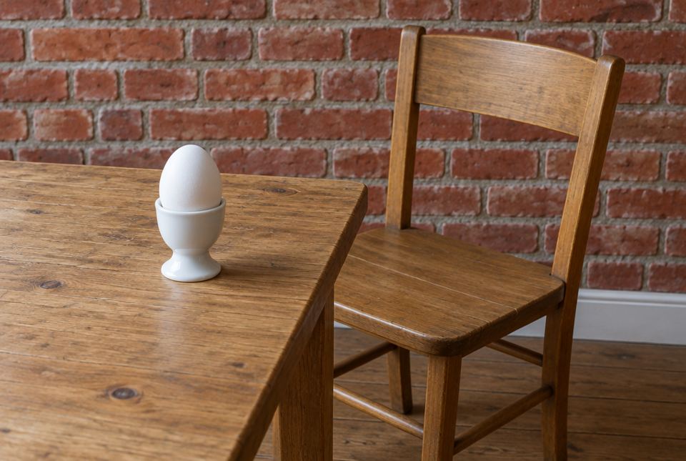 A white egg in an egg cup on a wooden table beside a wooden chair, in front of a red brick wall.