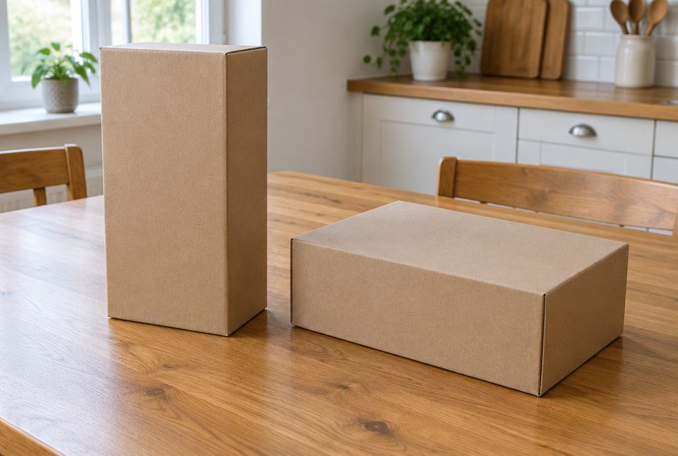 Two identical cardboard boxes on a table: one standing upright on its narrow end and one lying flat on its wide side.