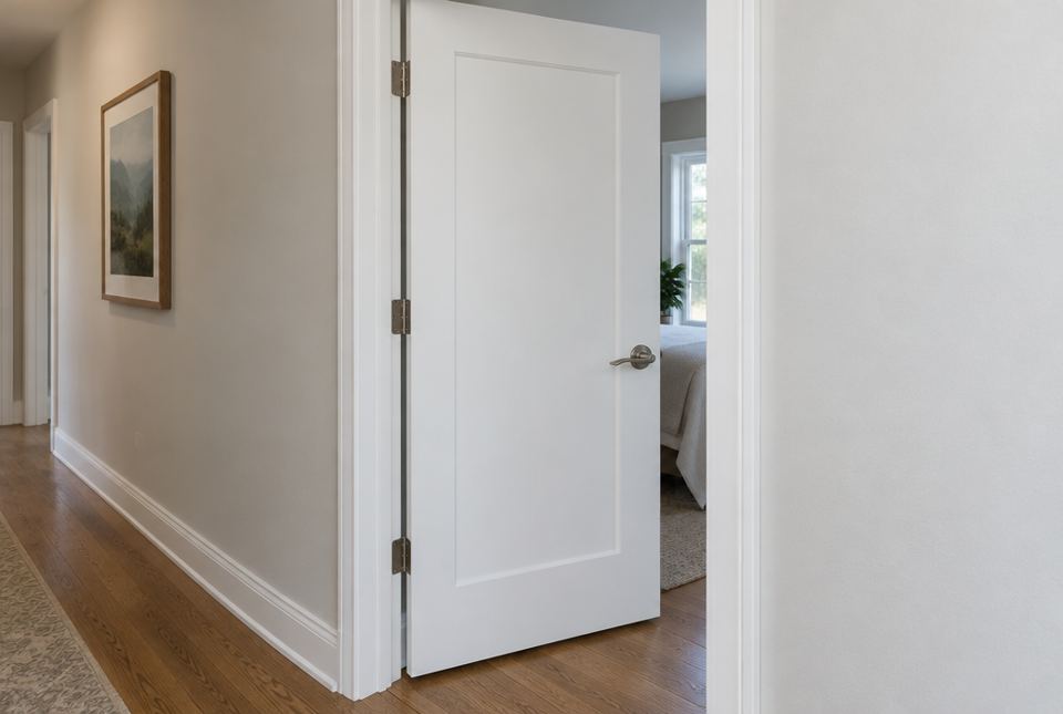 A white door standing half open, with three metal hinges on one edge and a lever handle on the other edge.